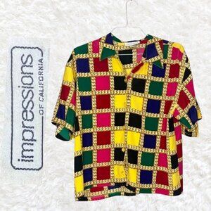 Women’s Size 12 Impressions of California Blouse Gold Block Vintage USA Rainbow